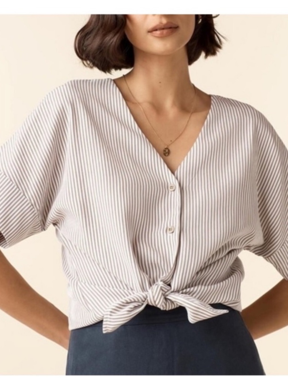 VETTA Capsule Tan White Striped Boyfriend Shirt Reversible Top Size Medium
